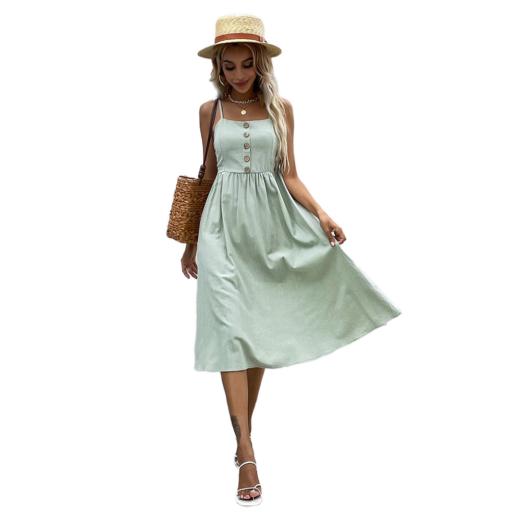 YESFASHION Cotton And Linen Suspenders Sleeveless Open Back Dress