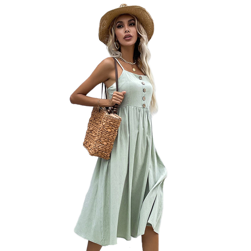 YESFASHION Cotton And Linen Suspenders Sleeveless Open Back Dress