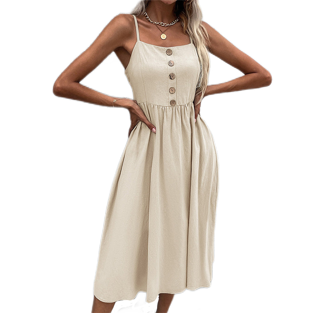 YESFASHION Cotton And Linen Suspenders Sleeveless Open Back Dress