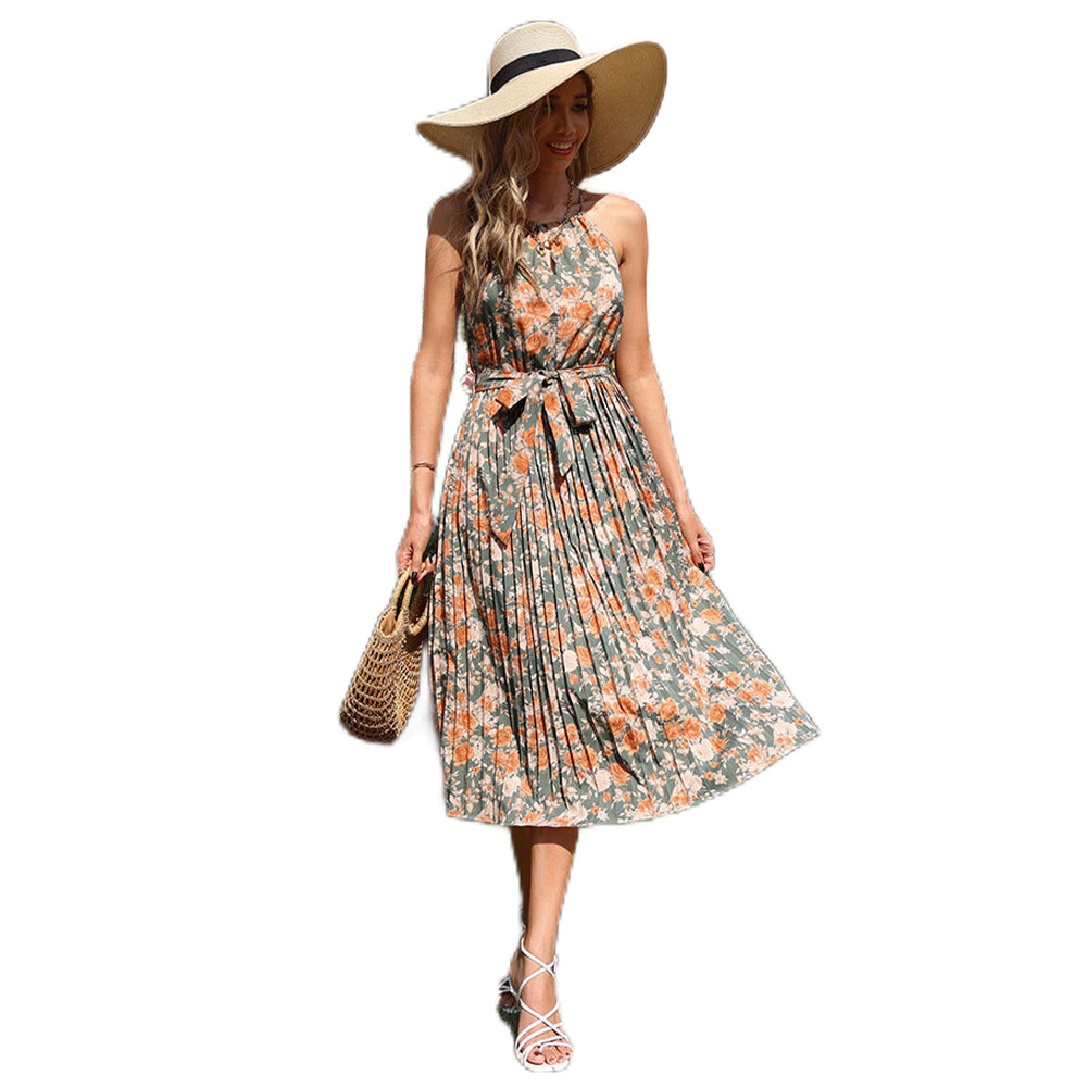 YESFASHION Suspender Straps Halter Neck Pleated Print Dress