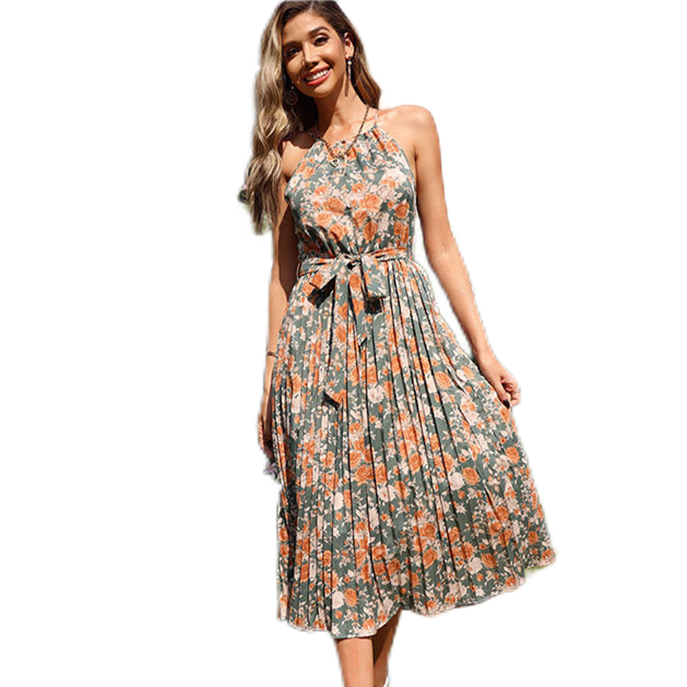YESFASHION Suspender Straps Halter Neck Pleated Print Dress