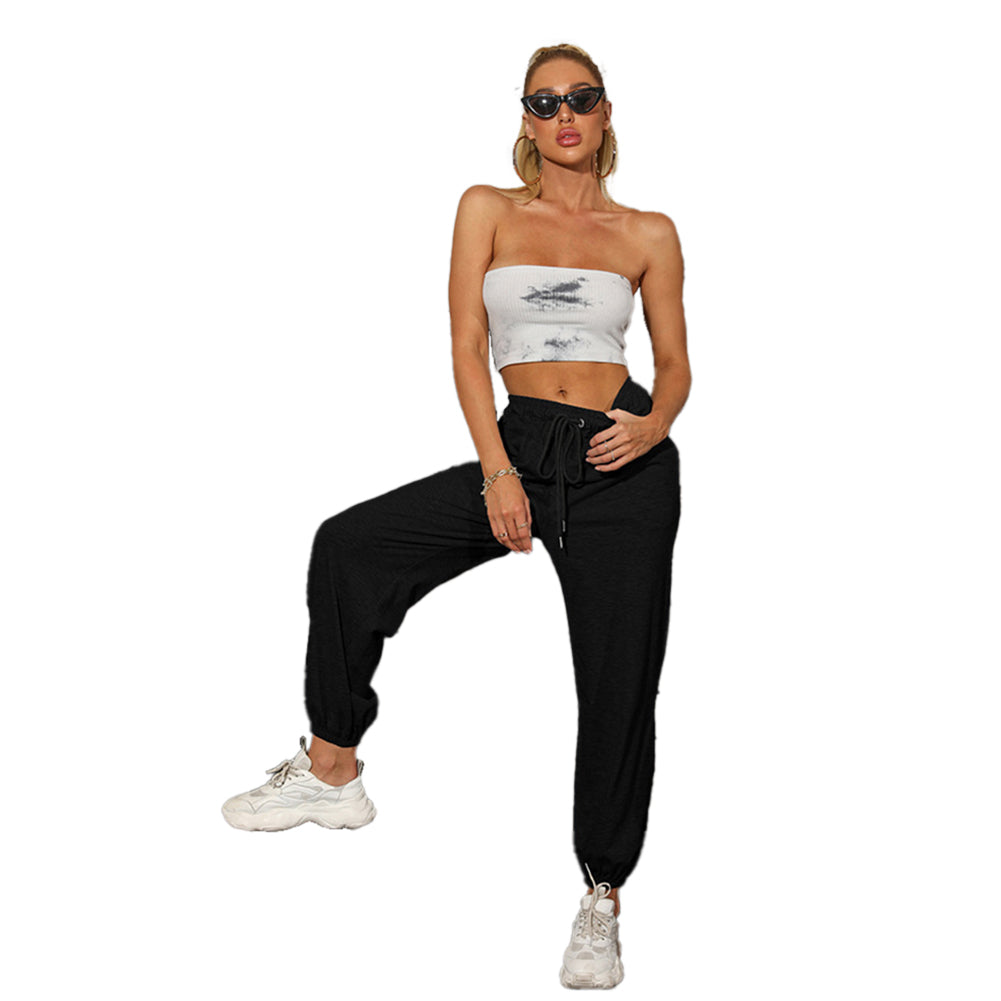 YESFASHION Casual High Waist Sports Trousers Elastic Cropped Pants