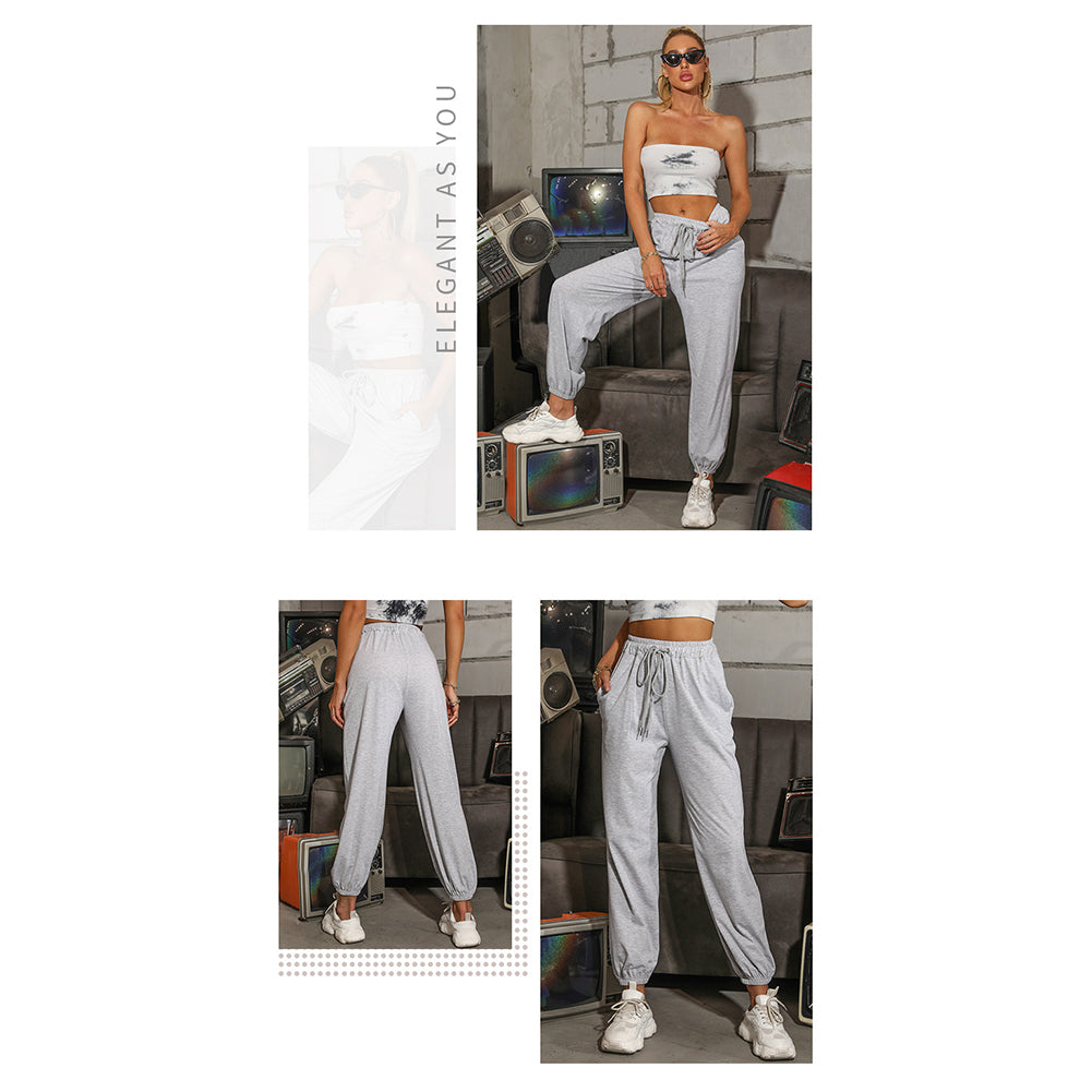 YESFASHION Casual High Waist Sports Trousers Elastic Cropped Pants