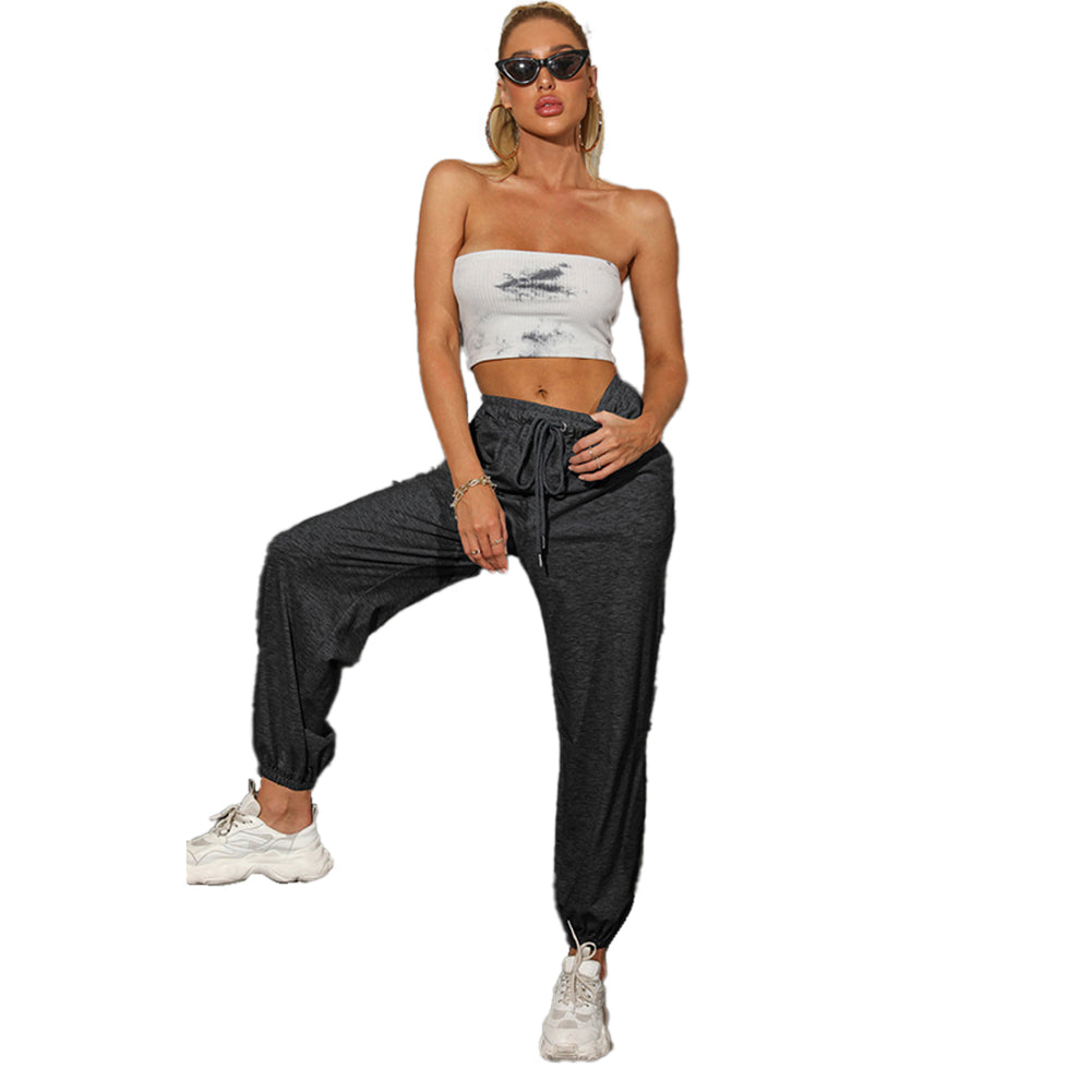 YESFASHION Casual High Waist Sports Trousers Elastic Cropped Pants