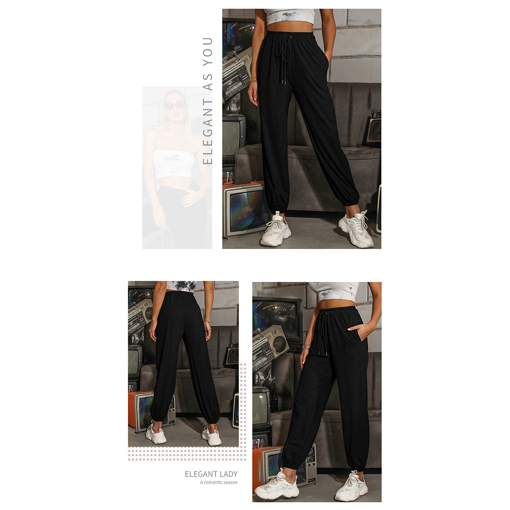 YESFASHION Casual High Waist Sports Trousers Elastic Cropped Pants