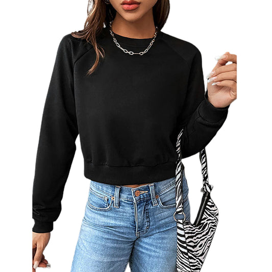 Polyester Casual Sports Raglan Sleeve Top Foreign Trade Short Cropped Round Neck Pullover Sweater
