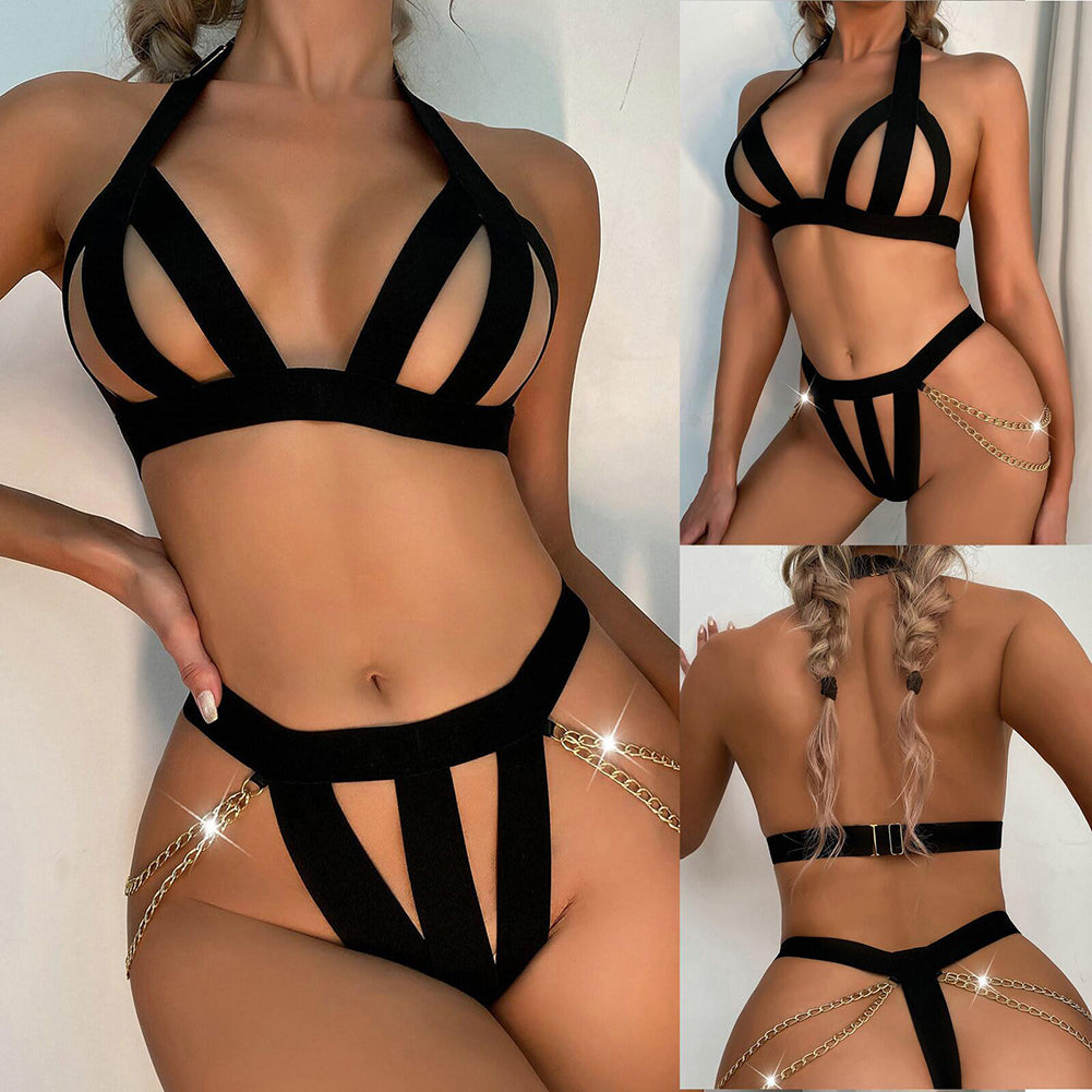 YESFASHION Sexy Underwear New Hollow Ribbon Three-point Pajamas