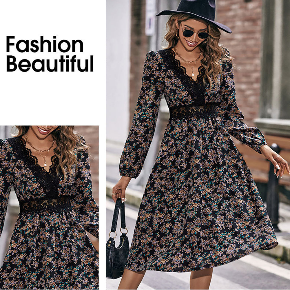 YESFASHION Women Clothing New Lace V-neck Slim Stitching Dress