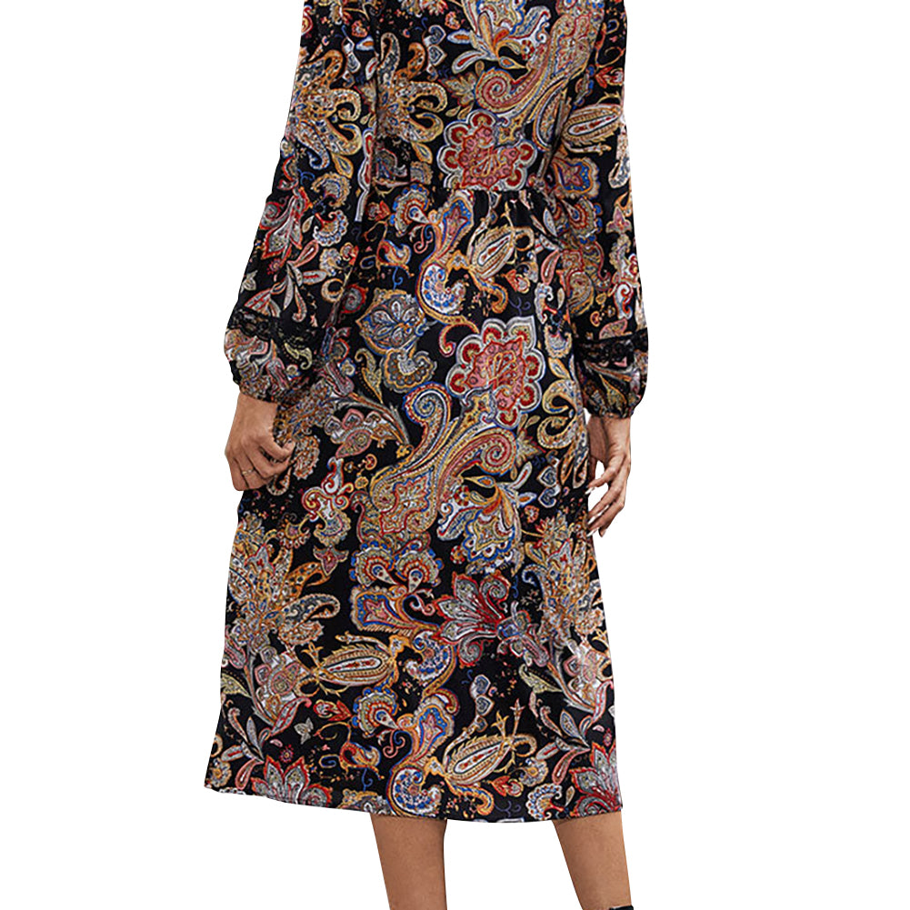 YESFASHION Women Clothing Lace V-neck Printed Slim Dress