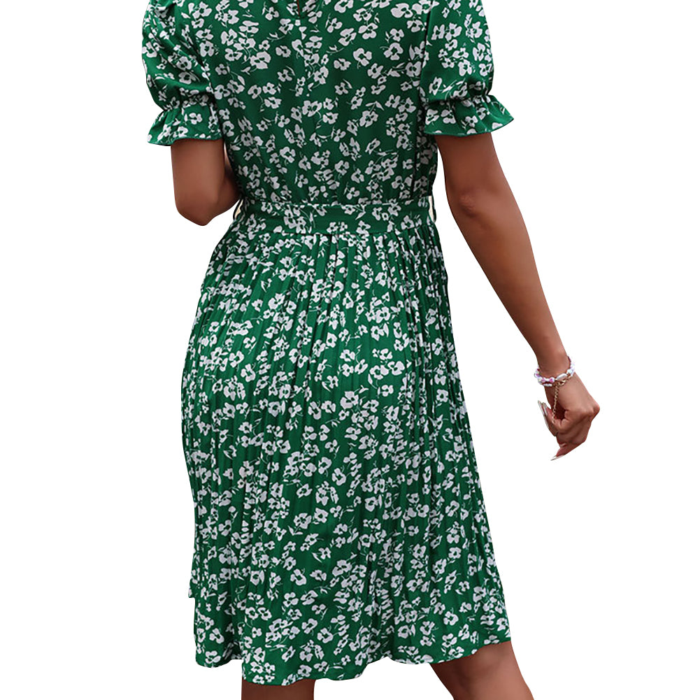 YESFASHION Women Round Neck Tie Slim Floral Dress