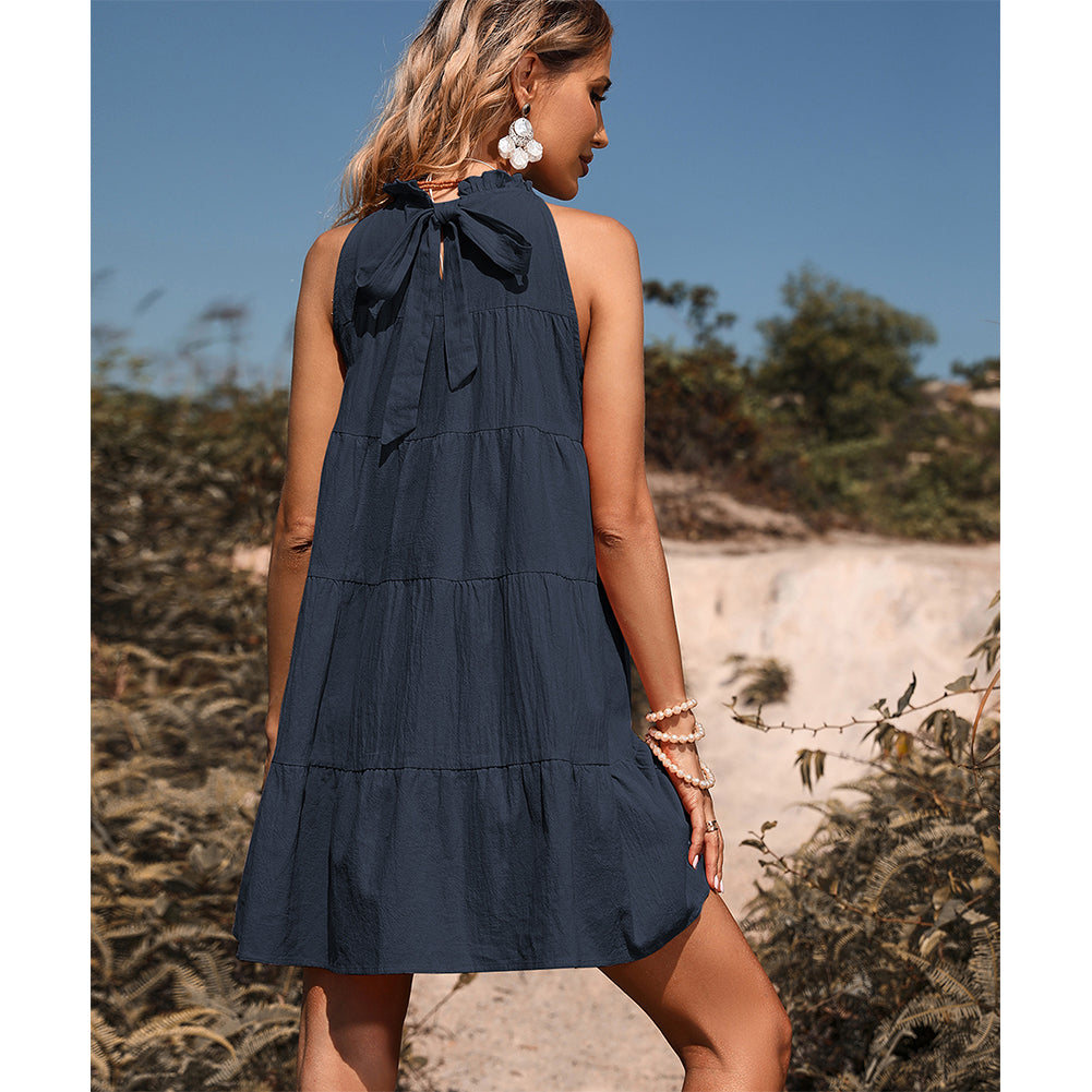 YESFASHION Women Loose Bow Tie Cotton Linen Dress