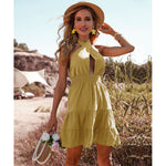 YESFASHION Sexy Hollow Solid Color Halter Strap Halter Neck Dress