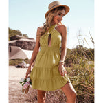 YESFASHION Sexy Hollow Solid Color Halter Strap Halter Neck Dress