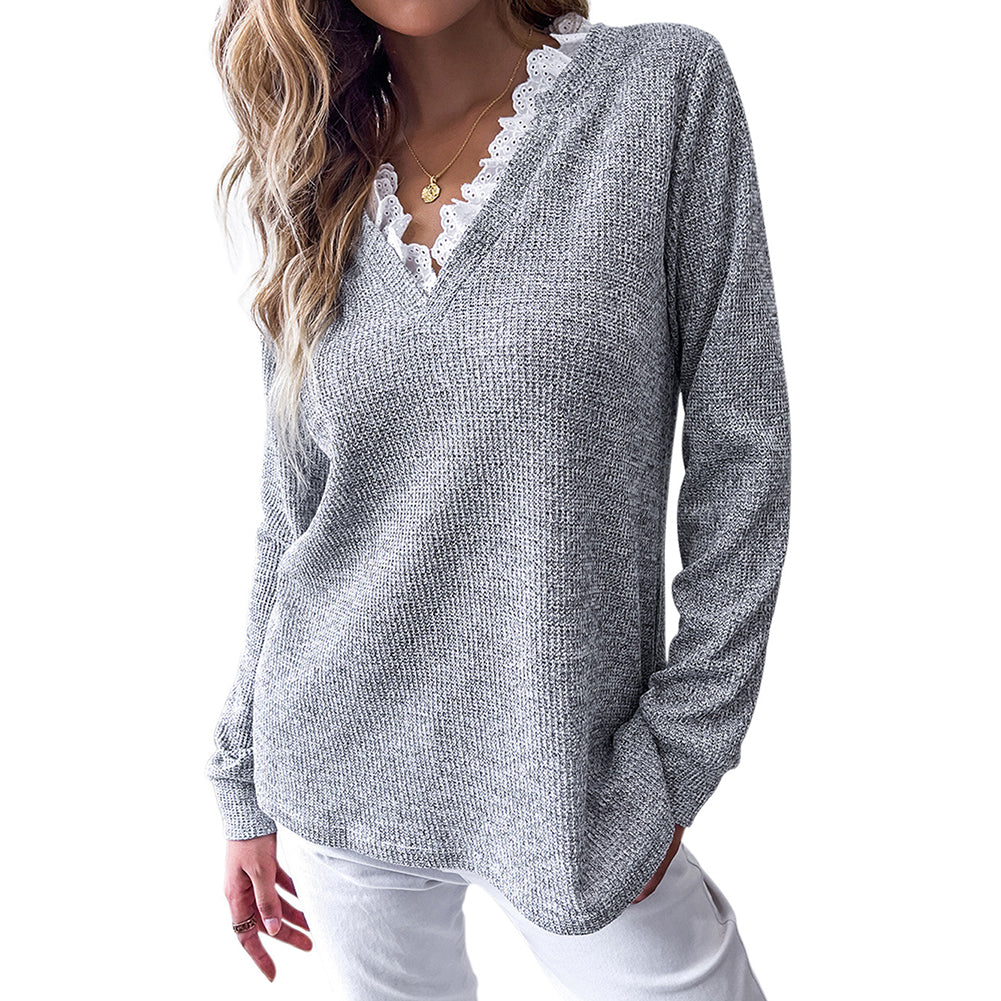 YESFASHION Loose Pullover Tops V-neck Long-sleeved T-shirt