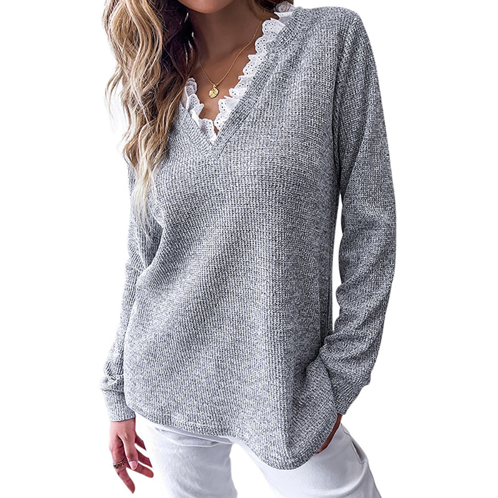 YESFASHION Loose Pullover Tops V-neck Long-sleeved T-shirt