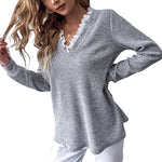 YESFASHION Loose Pullover Tops V-neck Long-sleeved T-shirt