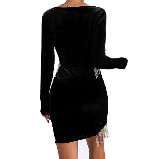 YESFASHION Ladies Sexy Long Sleeve Velvet Dress Black