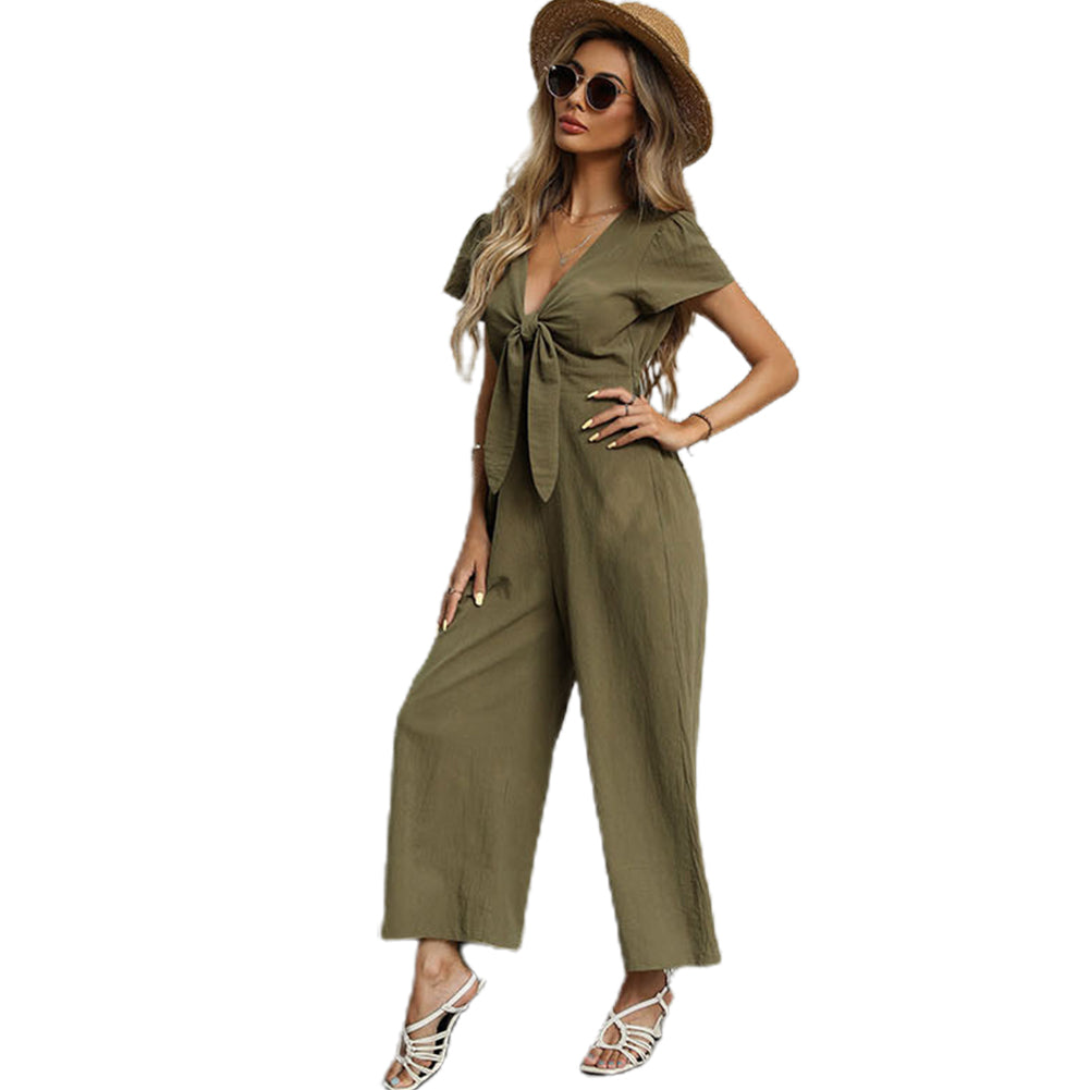 YESFASHION New Sexy Nine-point Cotton Linen Wide-leg Casual Jumpsuit