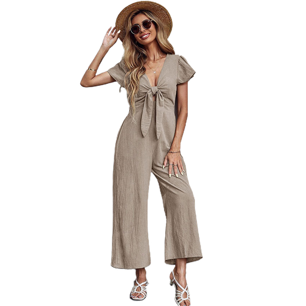YESFASHION New Sexy Nine-point Cotton Linen Wide-leg Casual Jumpsuit