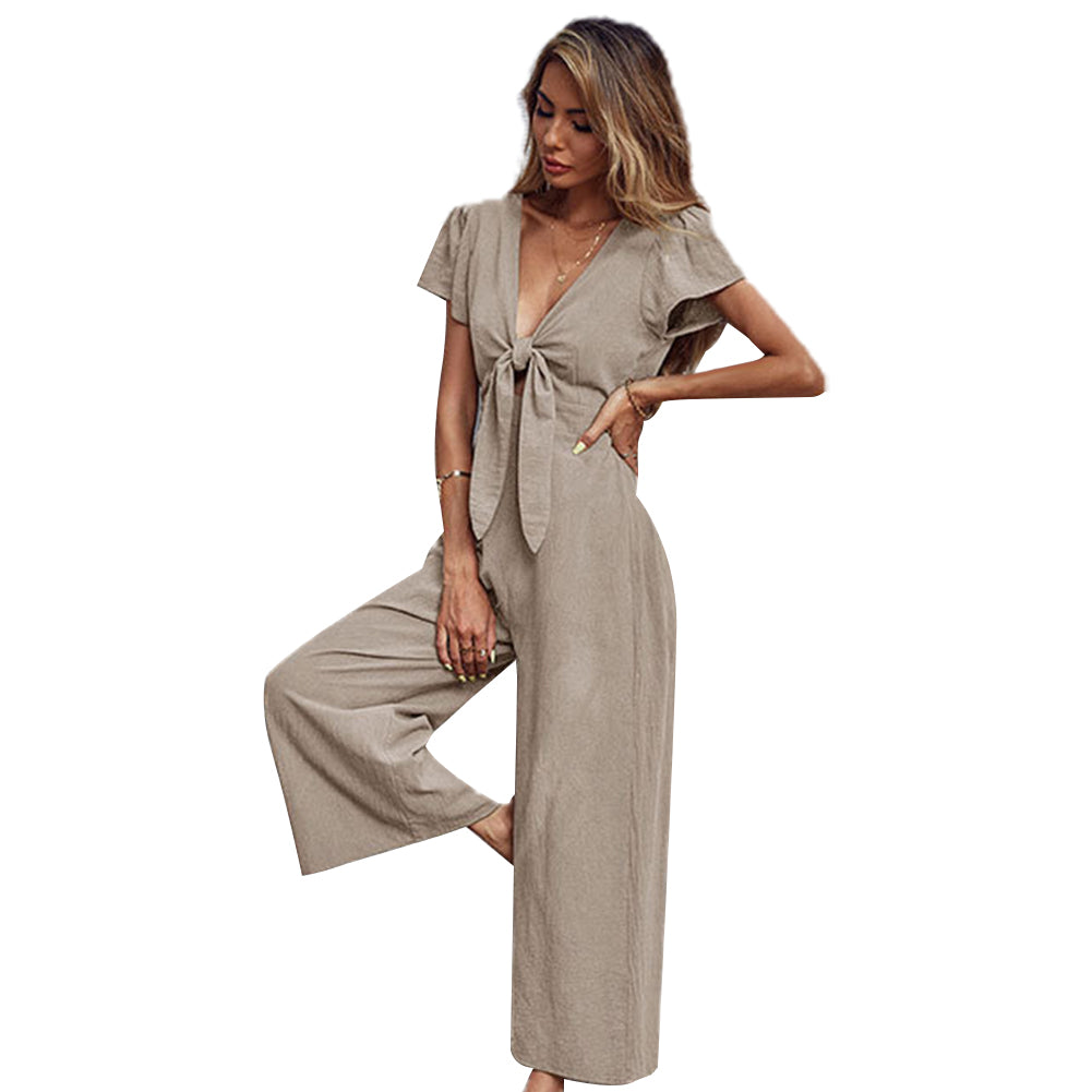 YESFASHION New Sexy Nine-point Cotton Linen Wide-leg Casual Jumpsuit