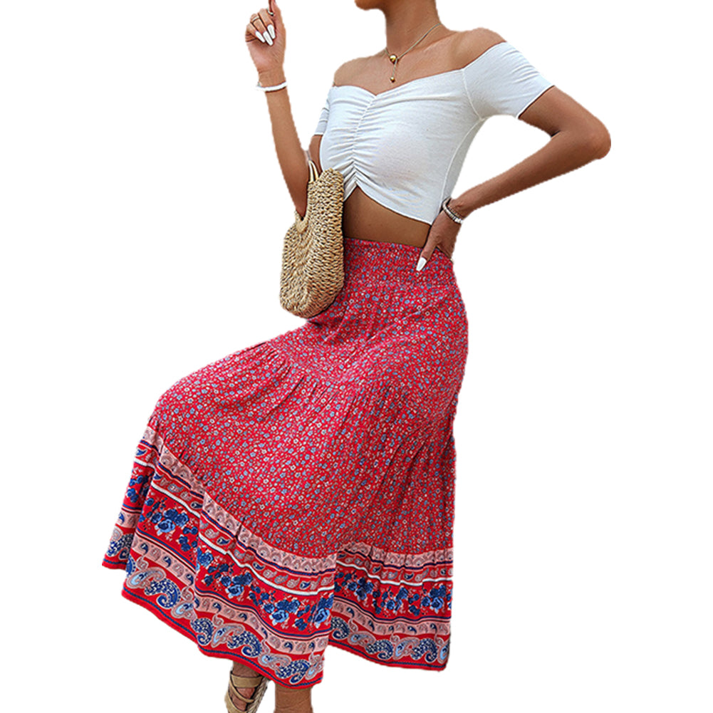 YESFASHION Women Bohemian Skirt Positioning Printed Floral Skirt