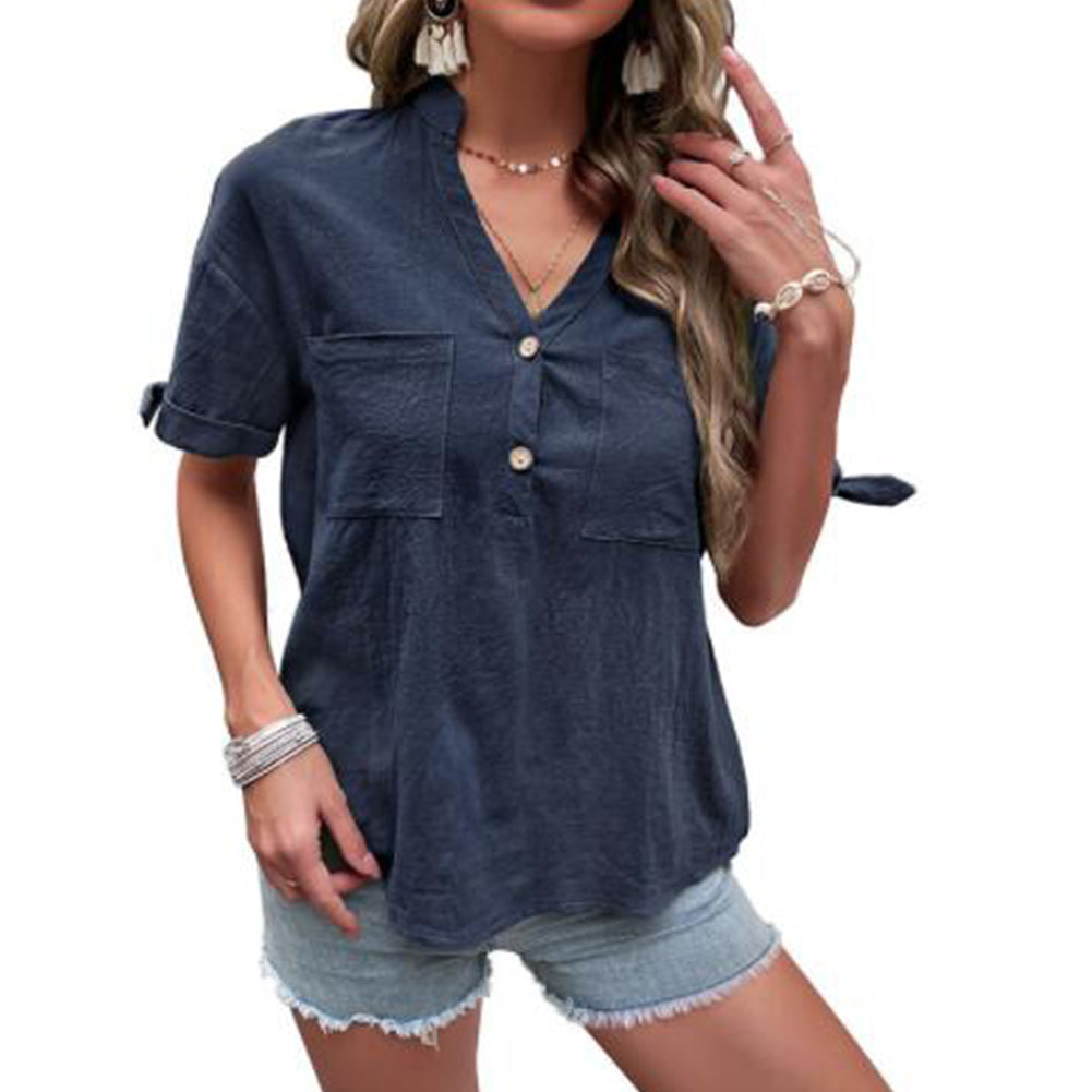 YESFASHION Summer New Solid Color Pocket Short-sleeved Tops