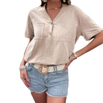YESFASHION Summer New Solid Color Pocket Short-sleeved Tops