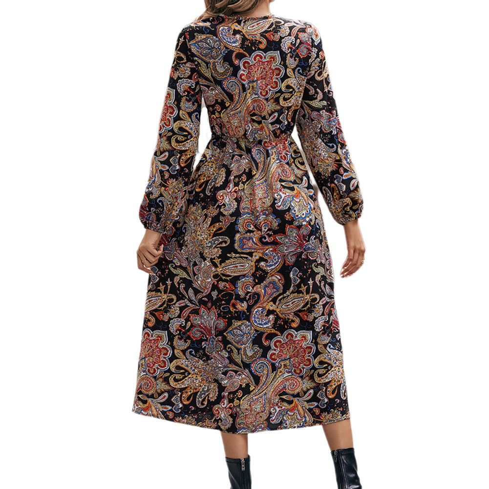 YESFASHION Women Temperament Long-sleeved Slit Print Slim Dress