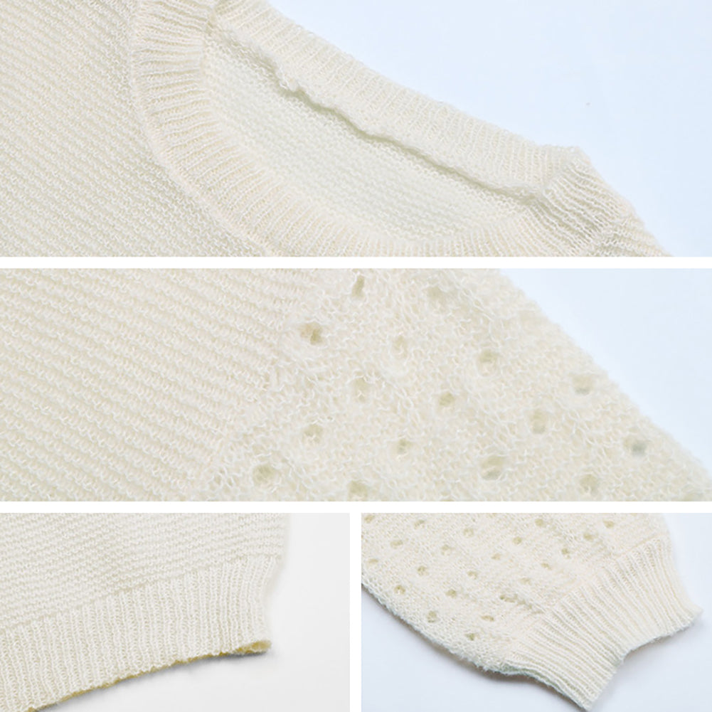YESFASHION Fashion Thin Cutout Long-sleeved White Knit Sweaters