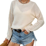 YESFASHION Fashion Thin Cutout Long-sleeved White Knit Sweaters