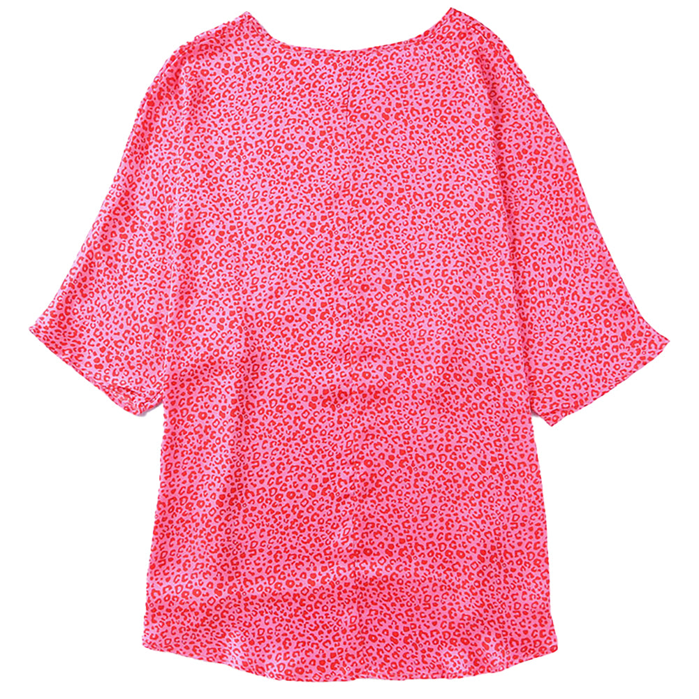 YESFASHION Rose Leopard Print Enlarged Half-sleeved V-neck Tops