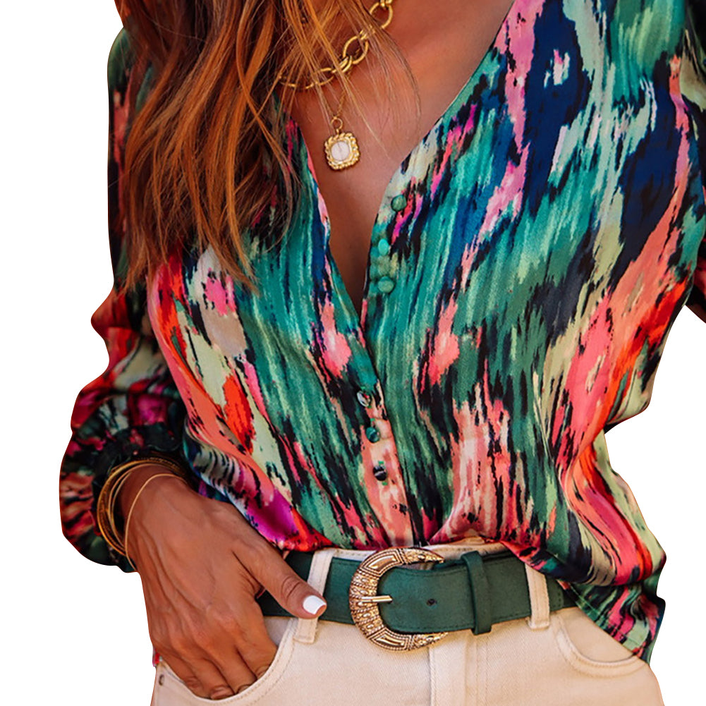 YESFASHION Multi-color V-neck Abstract Print Long-sleeved Tops