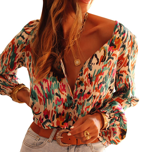 YESFASHION Multi-color V-neck Abstract Print Long-sleeved Tops