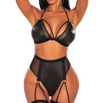 YESFASHION Suspenders Artificial Leather Mesh Sexy Underwear Set