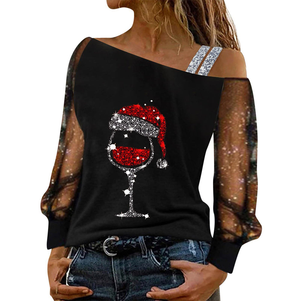 YESFASHION Women One-neck Off-the-shoulder Printed Tops T-shirt