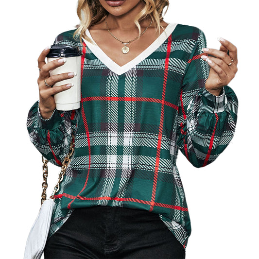 YESFASHION Women Fashion Loose Plaid Long-sleeved V-neck Tops