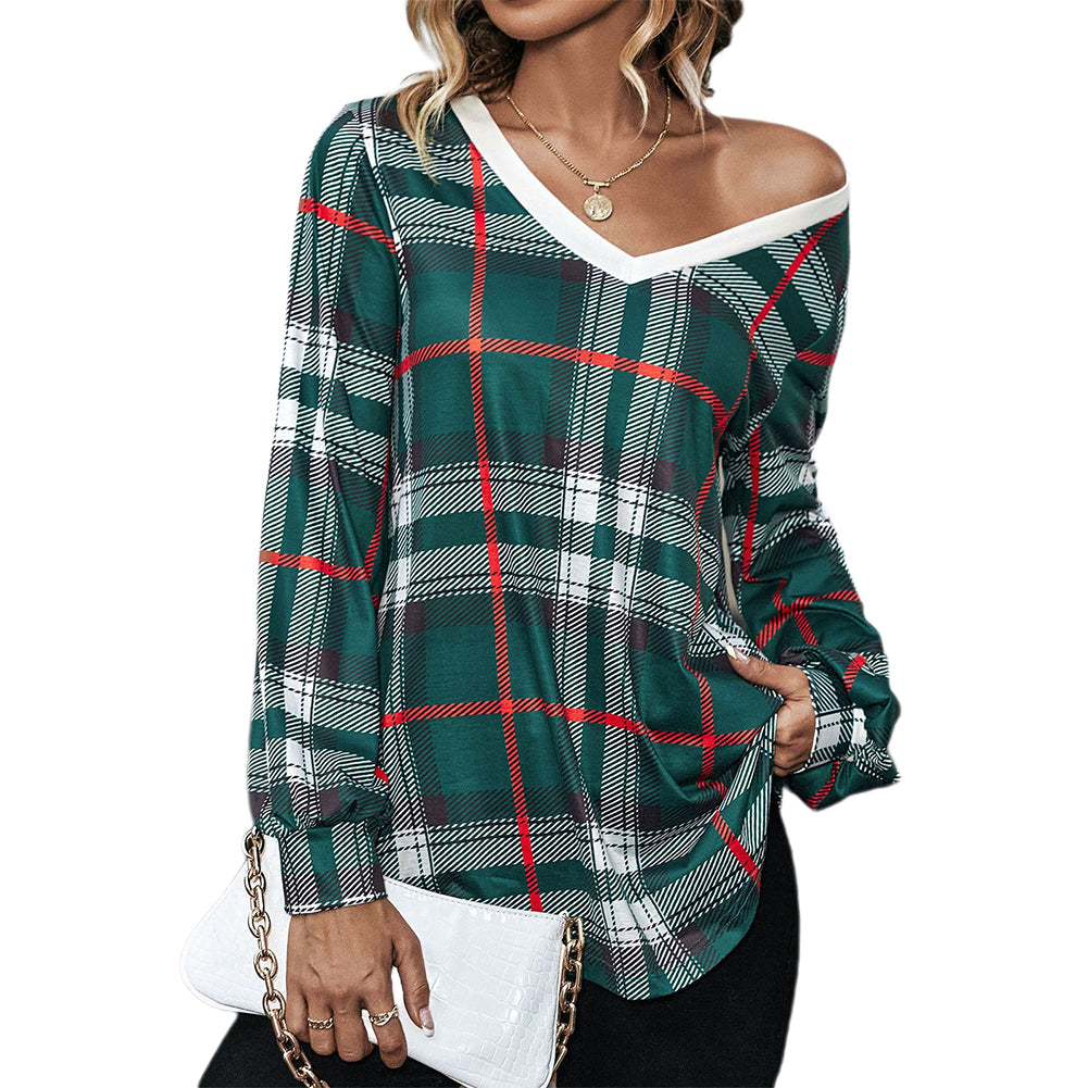 YESFASHION Women Fashion Loose Plaid Long-sleeved V-neck Tops