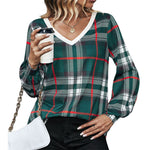 YESFASHION Women Fashion Loose Plaid Long-sleeved V-neck Tops