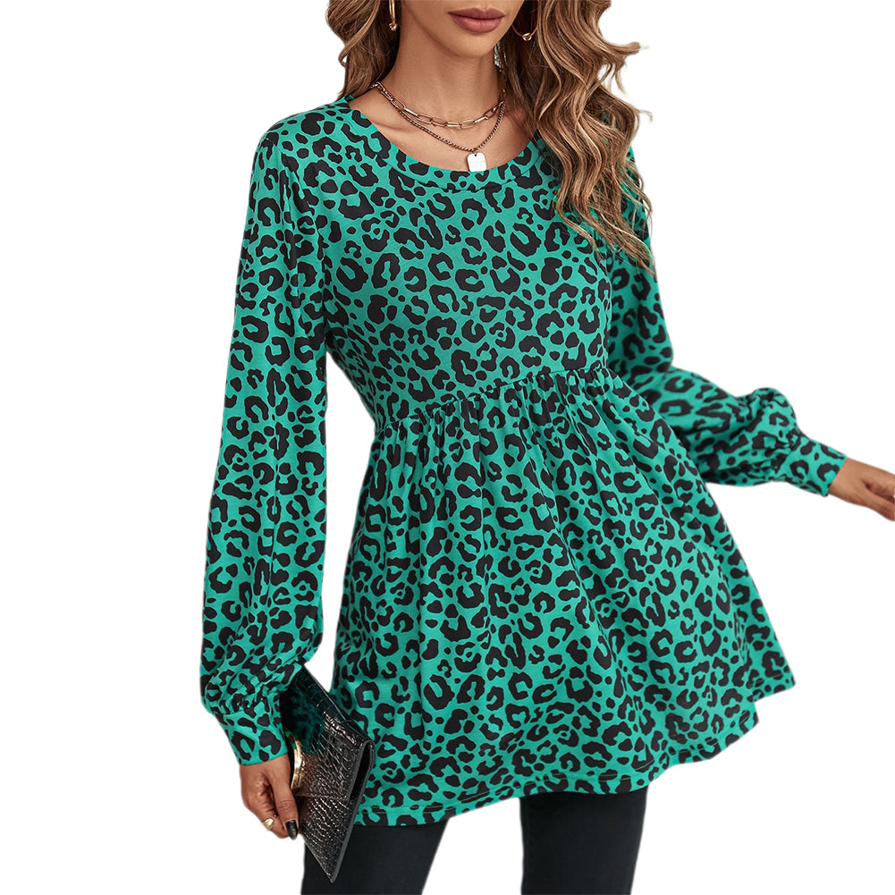 YESFASHION Women Fashion Loose Leopard Print Long-sleeved Tops
