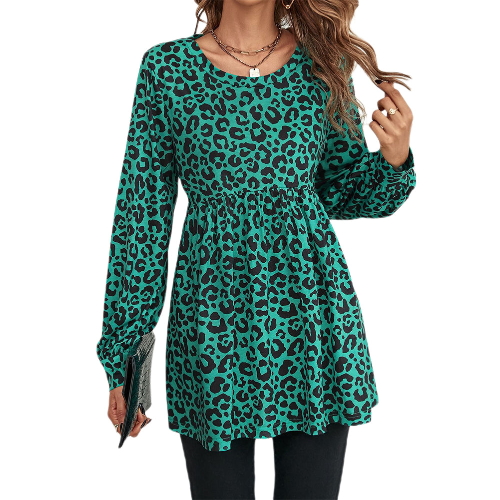 YESFASHION Women Fashion Loose Leopard Print Long-sleeved Tops