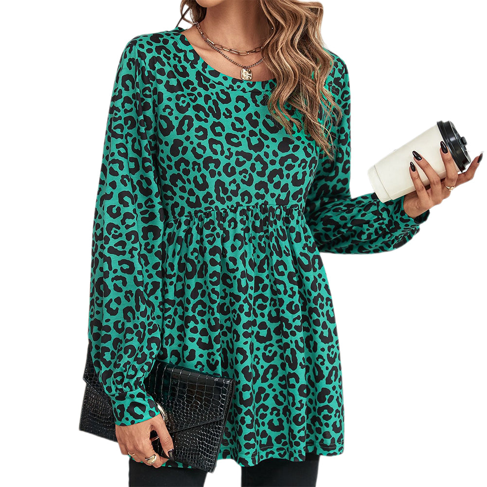 YESFASHION Women Fashion Loose Leopard Print Long-sleeved Tops