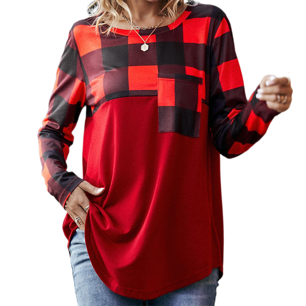 YESFASHION Women Loose Solid Color Stitching Plaid Tops