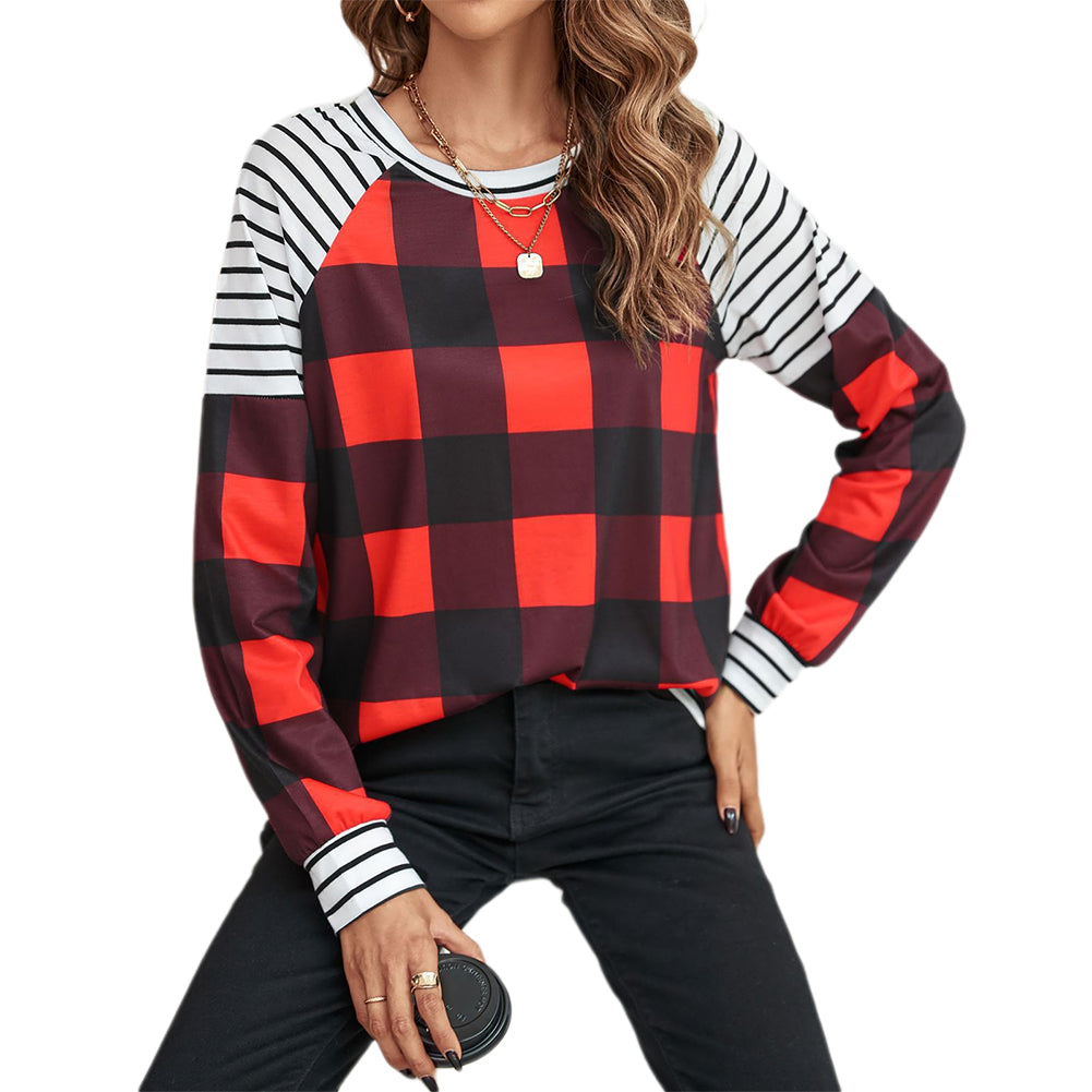 YESFASHION Women Fashion Loose Plaid Garden Collar Tops T-shirt