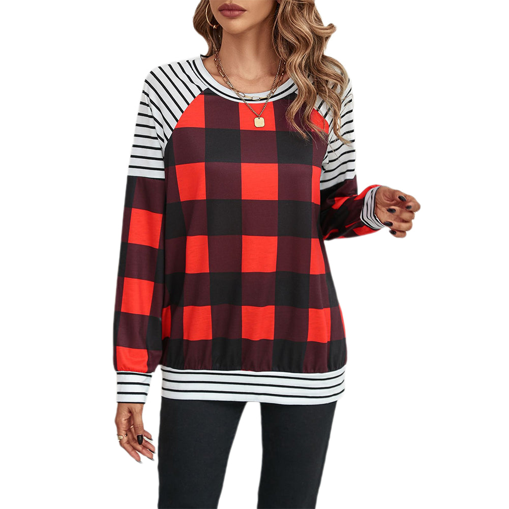 YESFASHION Women Fashion Loose Plaid Garden Collar Tops T-shirt