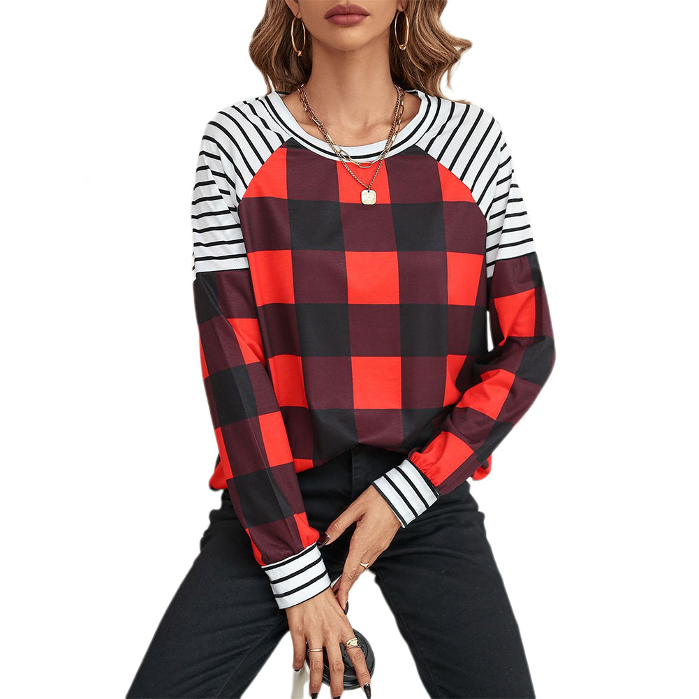 YESFASHION Women Fashion Loose Plaid Garden Collar Tops T-shirt