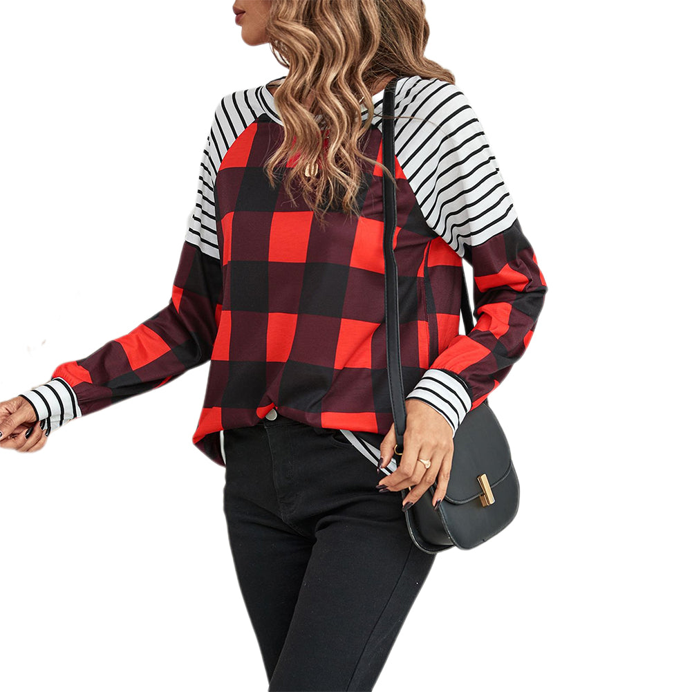 YESFASHION Women Fashion Loose Plaid Garden Collar Tops T-shirt