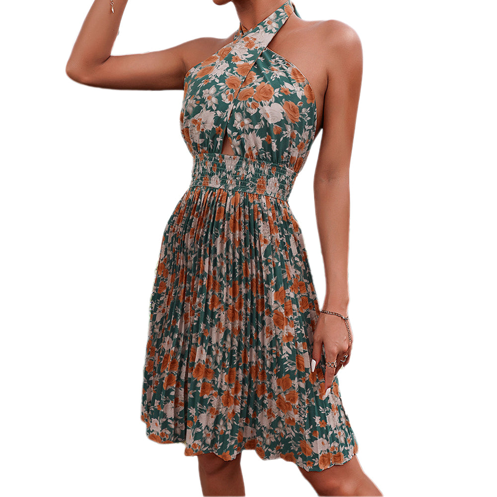 YESFASHION Women Clothing Pleated Sleeveless Halter Neck Dress