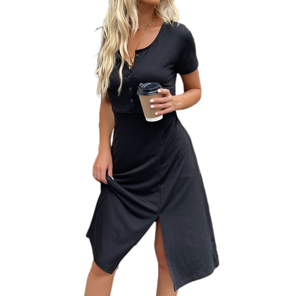 YESFASHION Short-sleeved Slit Women Dress