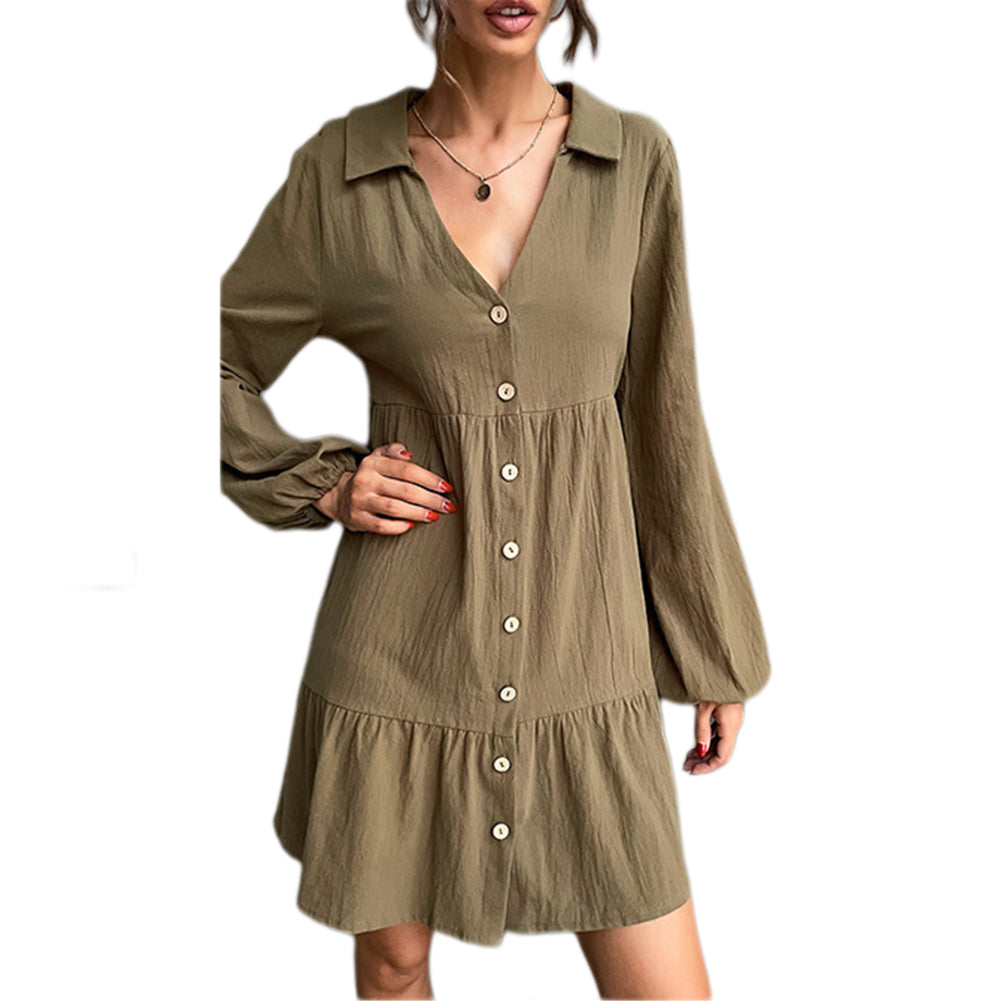 YESFASHION Women New Lapel Pleated Solid Color Short Dress