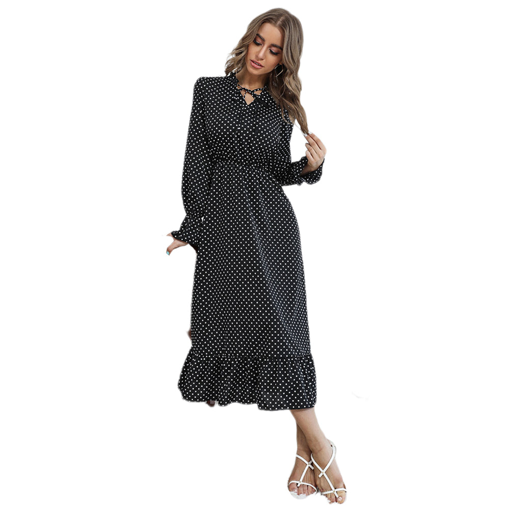 YESFASHION Fashion Women Spring New Long-sleeved Polka-dot Dress